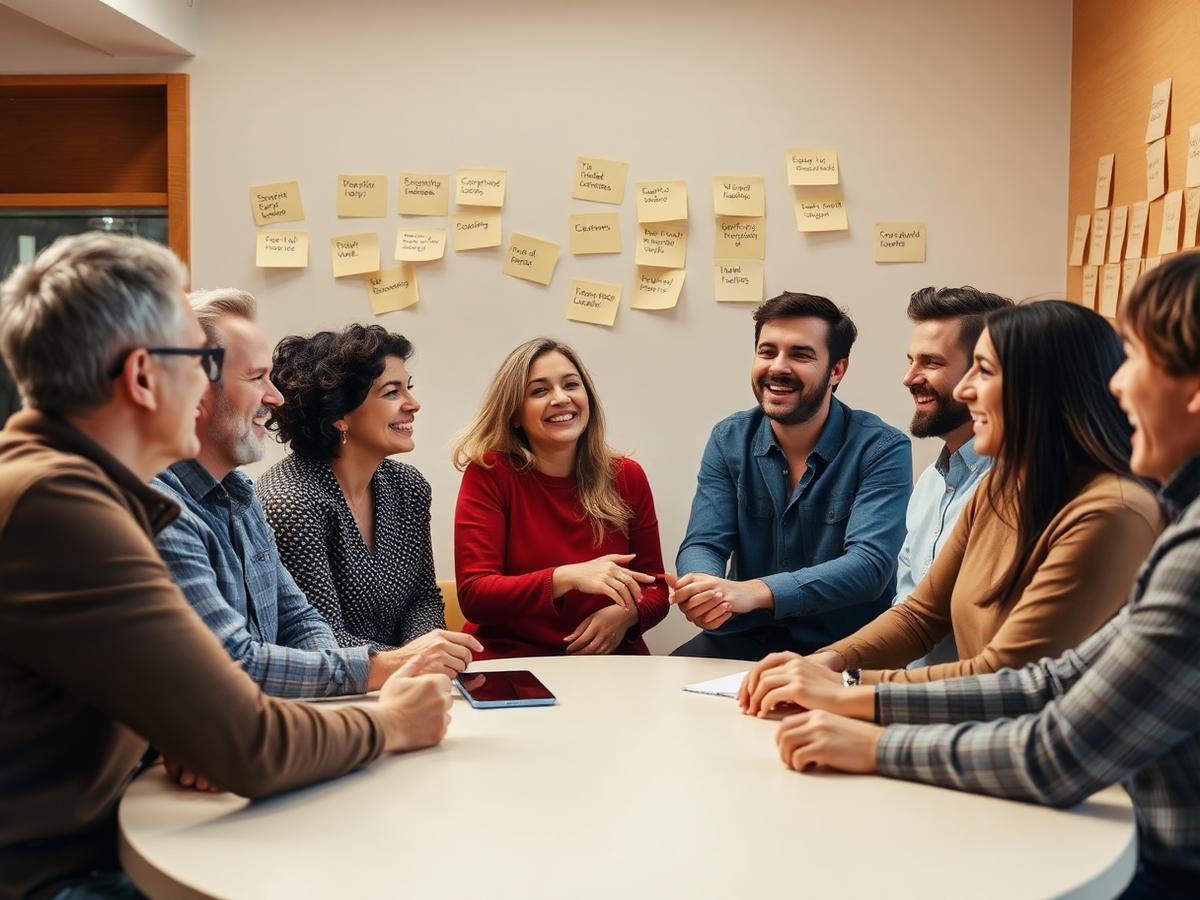 Turma de adultos em conversação em grupo