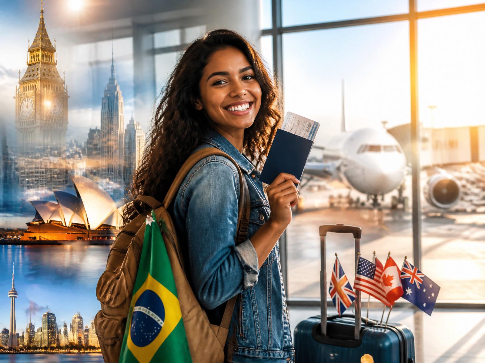 Estudante brasileira sorrindo com passaporte no aeroporto, com Londres, Nova York, Sydney e Toronto ao fundo
