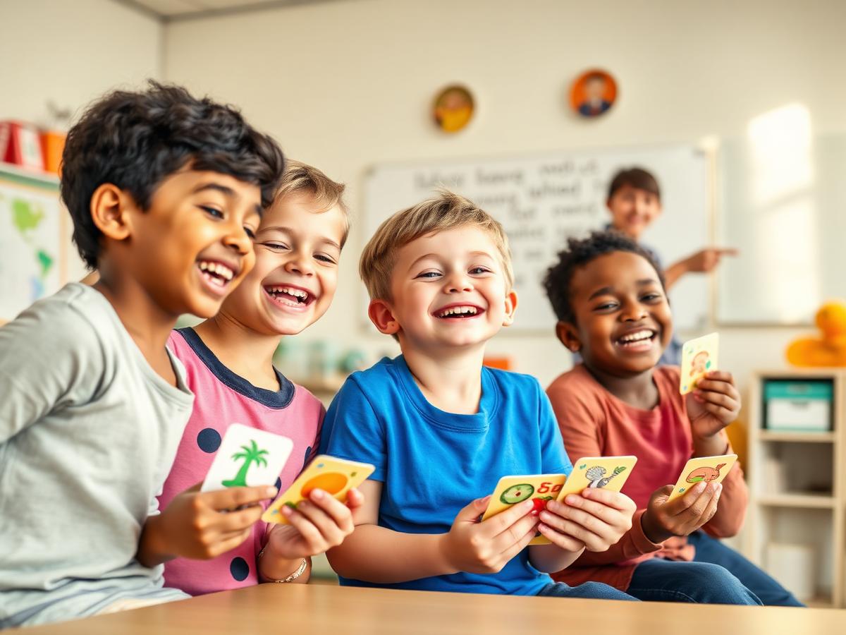Crianças aprendendo inglês brincando na sala de aula