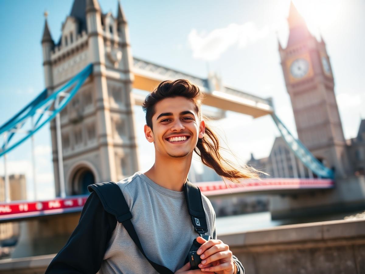 Ex-aluno CEC em frente ao Tower Bridge em Londres