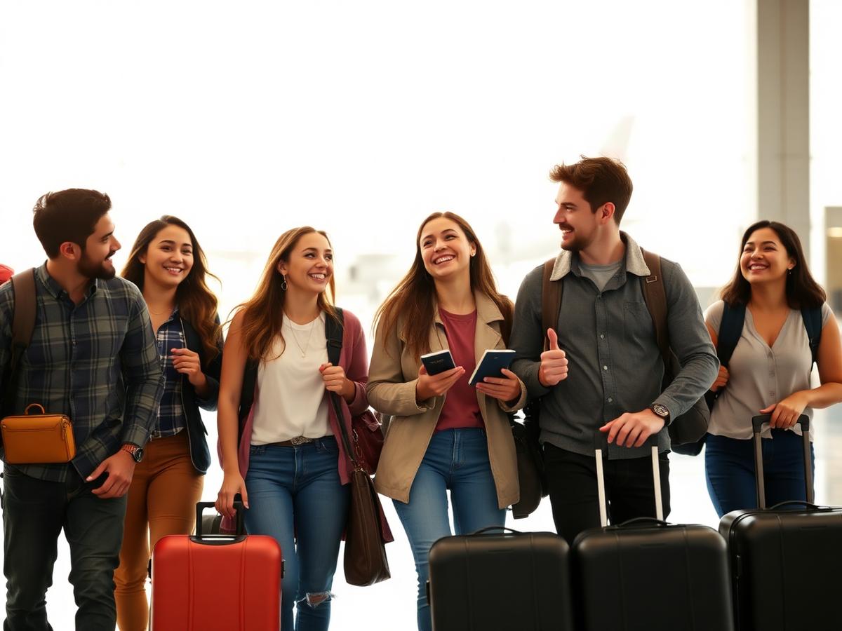 Grupo de amigos com malas e passaportes no aeroporto
